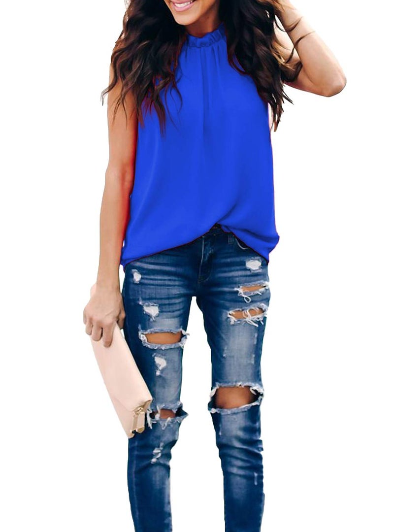 Allimy Summer Casual Plus Size Chiffon Blouses for Women Ruffle Tank Tops Juniors Shirts Tunics Blue 2X - Image 3
